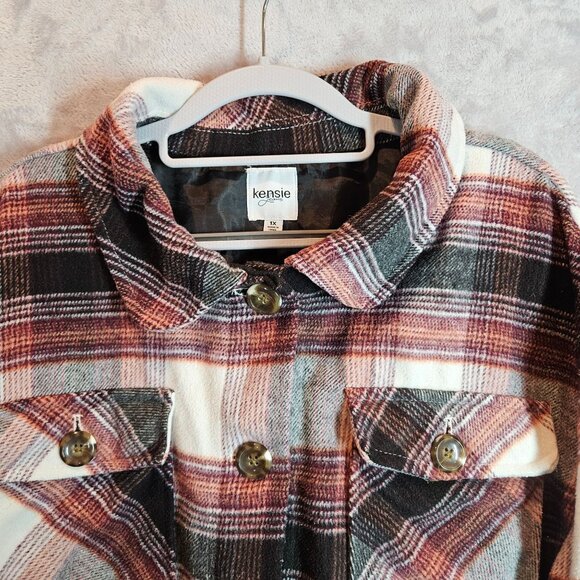 Kensie Womens Plaid Flannel Button  Jacket Pockets Work gorpcore outdoor shacket - Picture 9 of 15